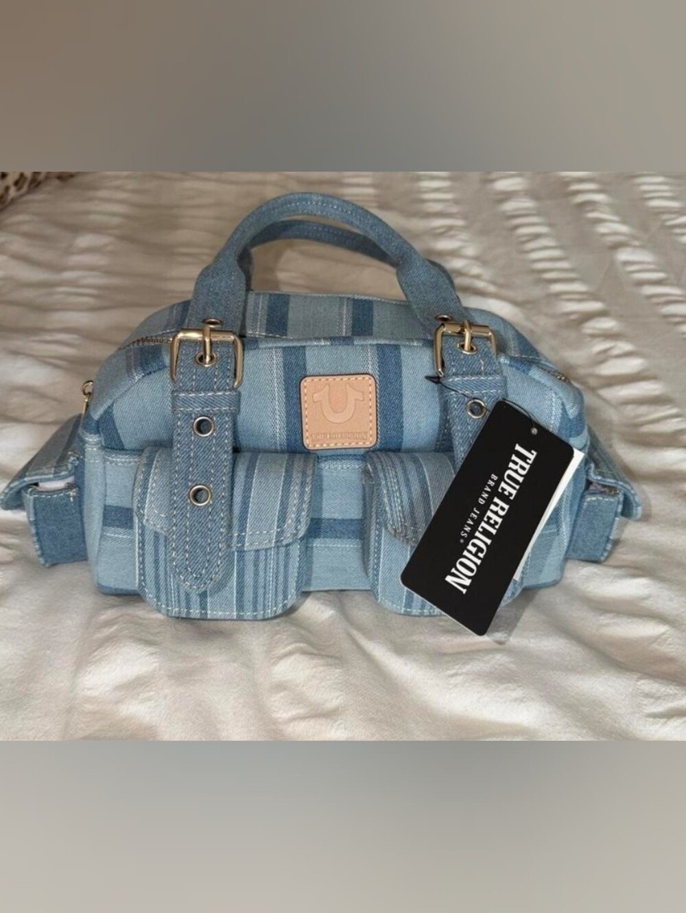 NEW! With Tags On.    True Religion Blue Multi Striped Denim Satchel